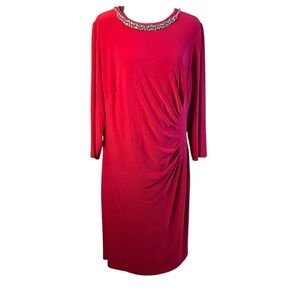 Lauren Ralph Lauren Red Embellished Neck Ruched Sheath Dress 16W NWT
